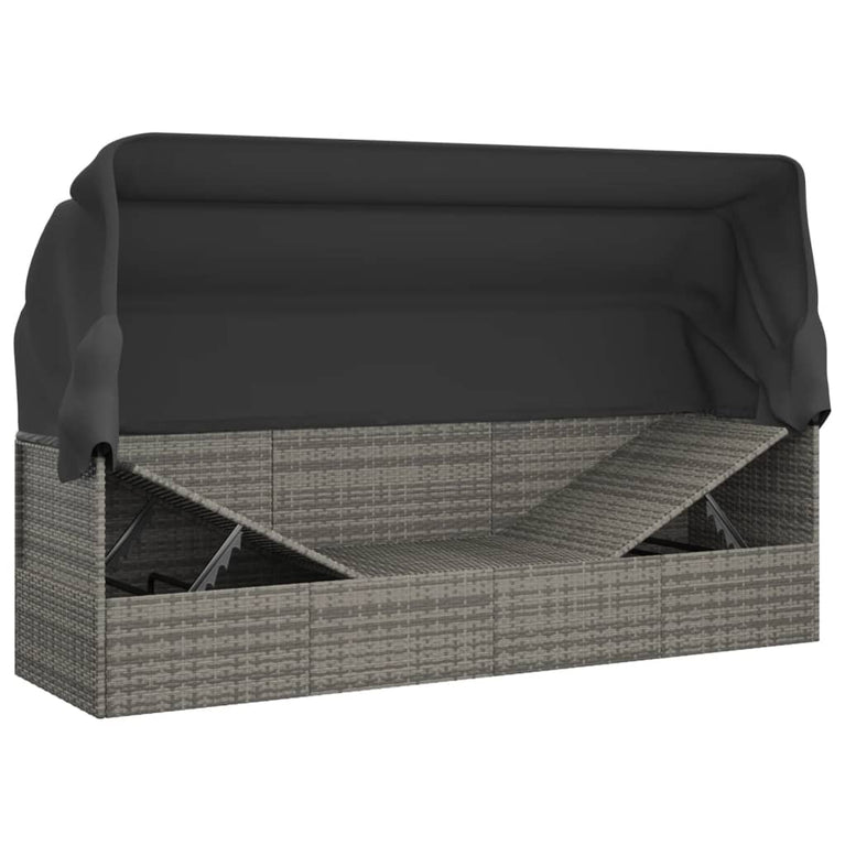 Loungebed met luifel en kussens poly rattan grijs