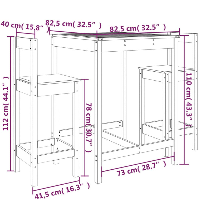 3-delige Barset massief grenenhout
