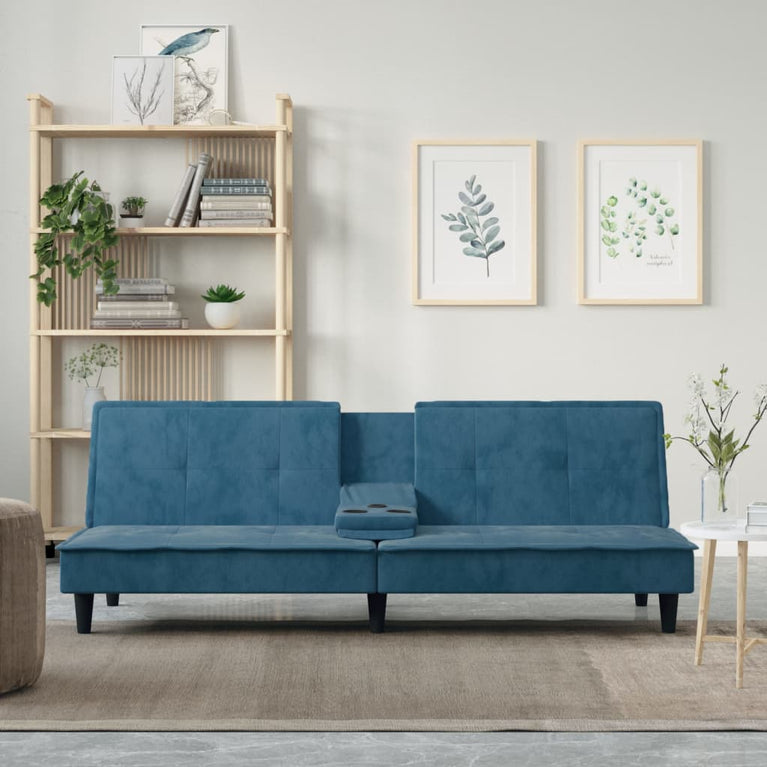 Slaapbank met bekerhouders fluweel blauw