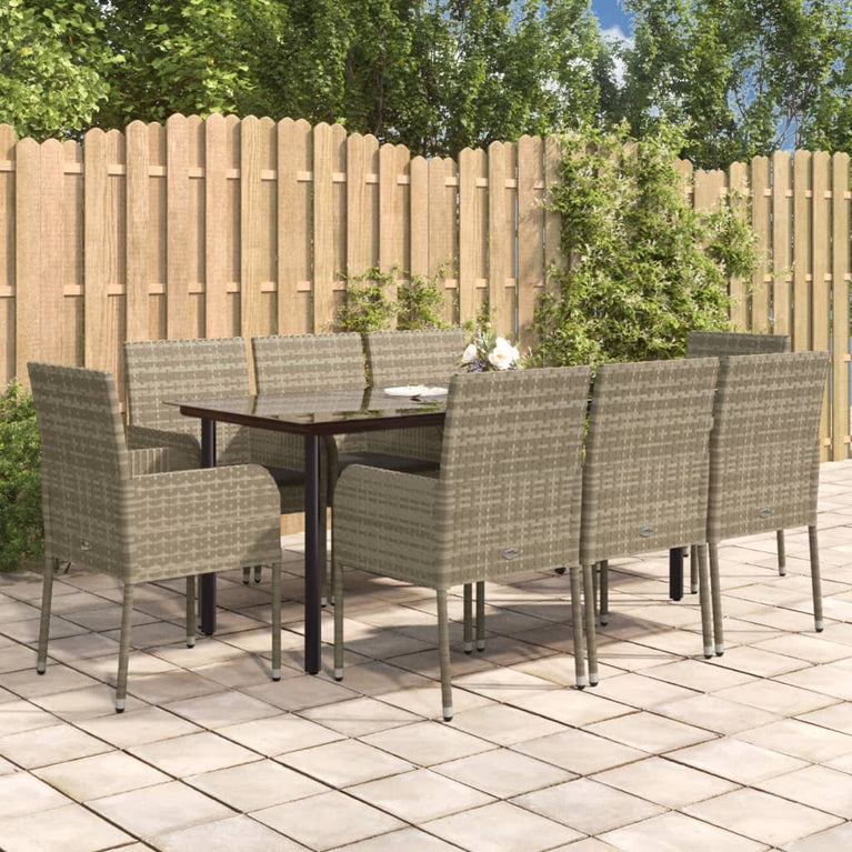 9-delige Tuinset met kussens poly rattan zwart en grijs