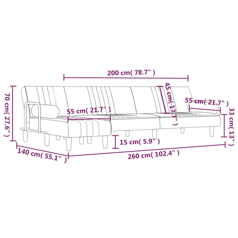 Slaapbank L-vormig 260x140x70 cm fluweel lichtgrijs