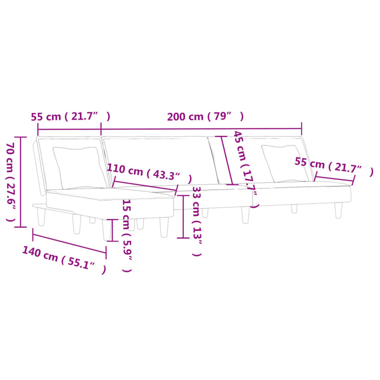 Slaapbank L-vormig 255x140x70 cm fluweel blauw