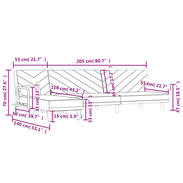 Slaapbank L-vormig 260x140x70 cm stof donkergrijs