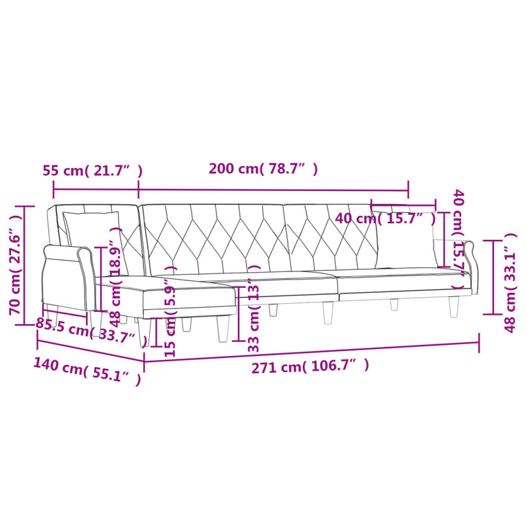 Slaapbank L-vormig 271x140x70 cm fluweel blauw
