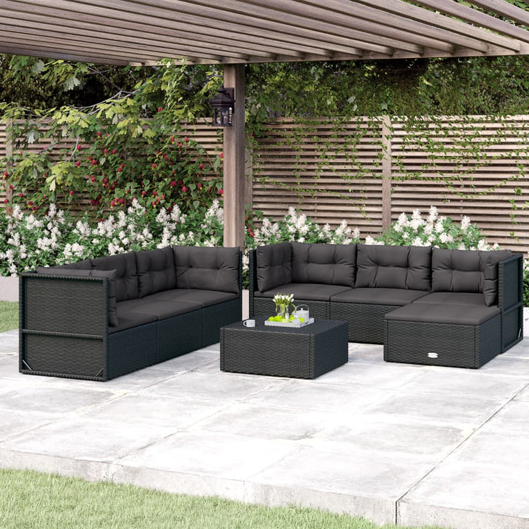 7-delige Loungeset met kussens poly rattan zwart