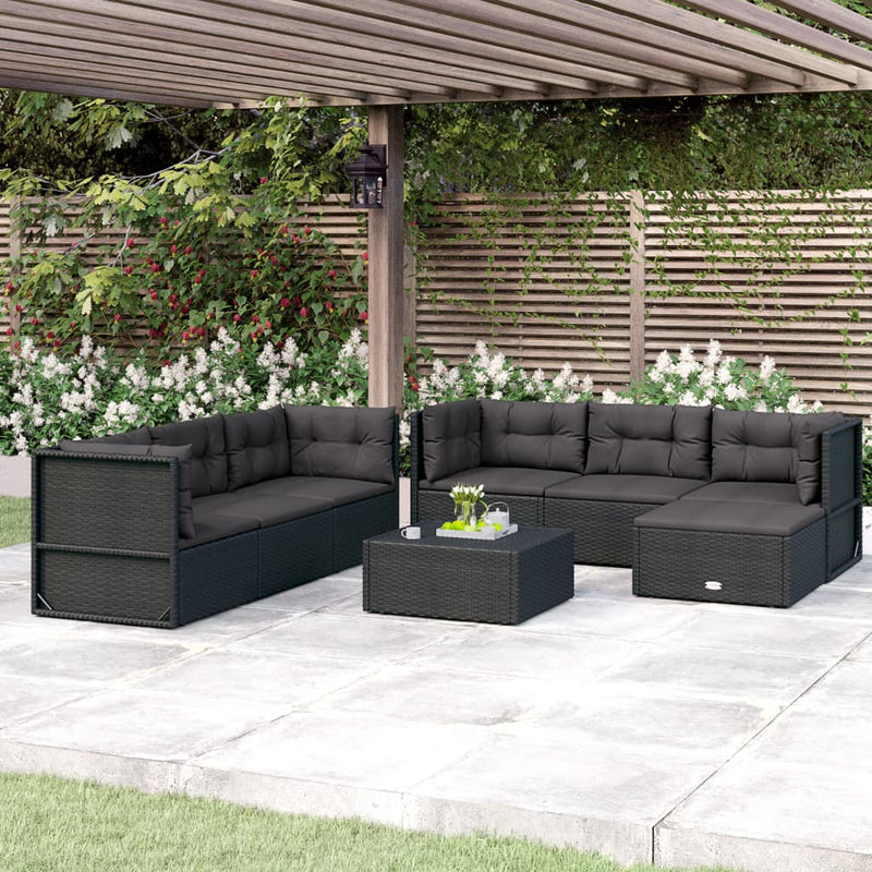 7-delige Loungeset met kussens poly rattan zwart