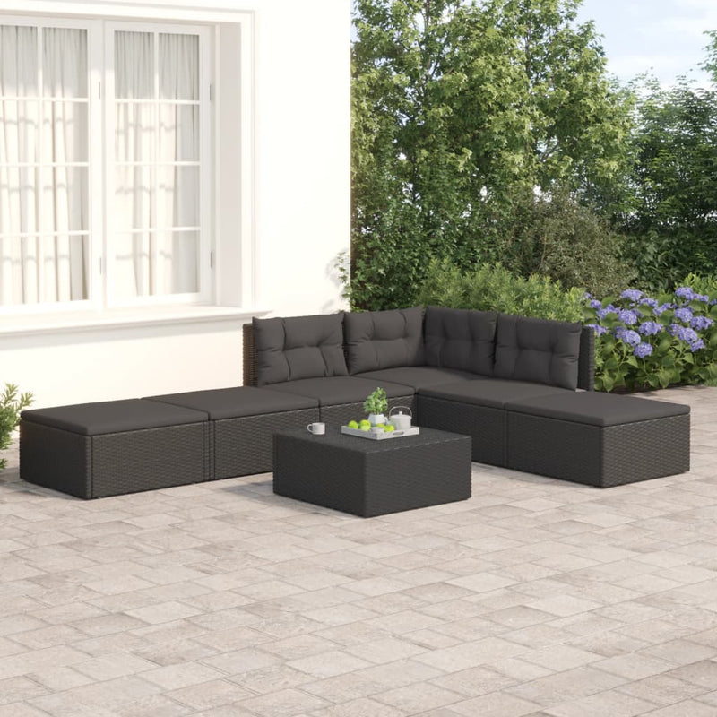 6-delige Loungeset met kussens poly rattan zwart