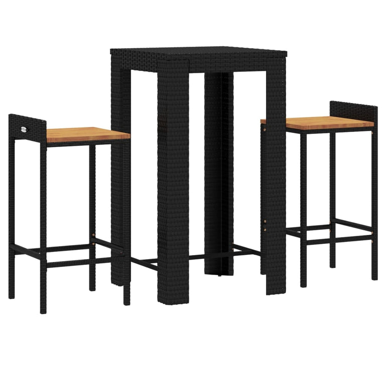 3-delige Tuinbarset poly rattan en massief acaciahout zwart