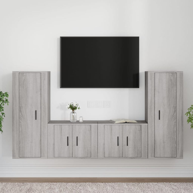 4-delige Tv-meubelset bewerkt hout grijs sonoma eikenkleurig