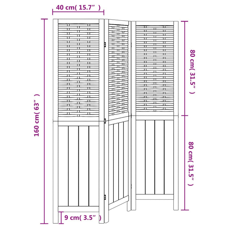 Kamerscherm met 3 panelen massief paulowniahout wit