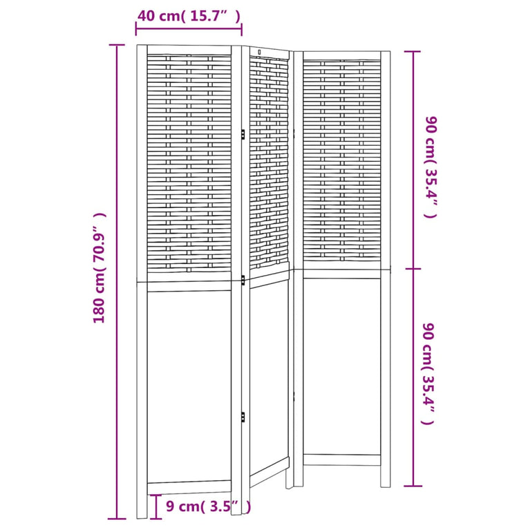 Kamerscherm met 3 panelen massief paulowniahout wit