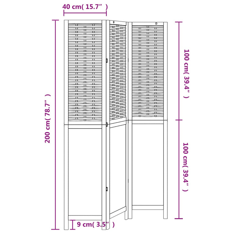 Kamerscherm met 3 panelen massief paulowniahout wit