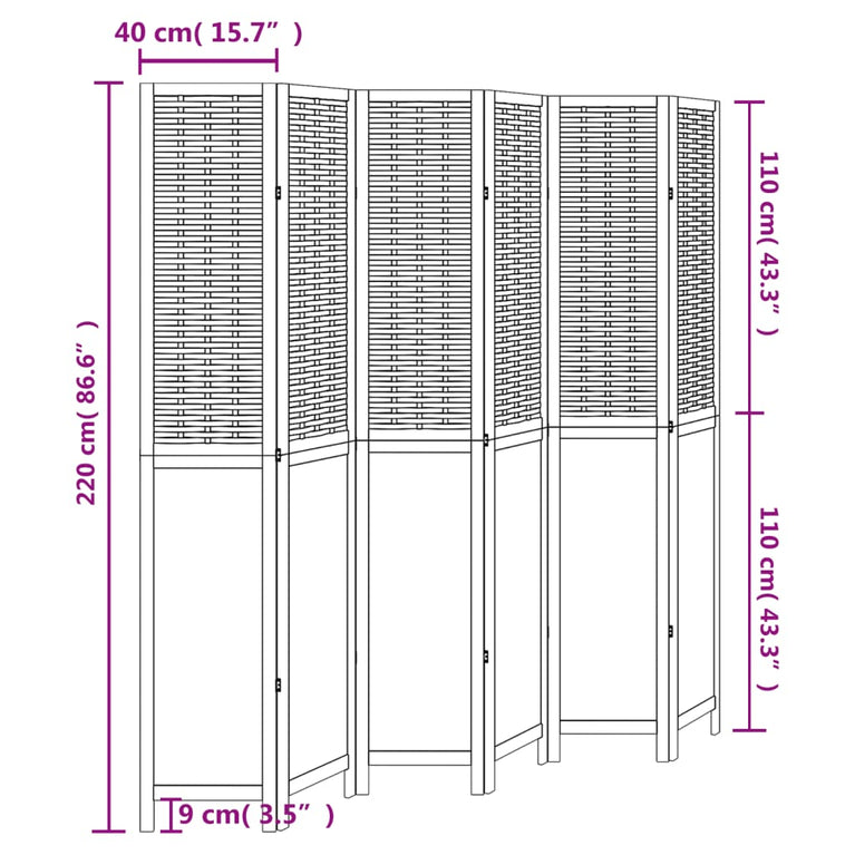 Kamerscherm met 6 panelen massief paulowniahout wit