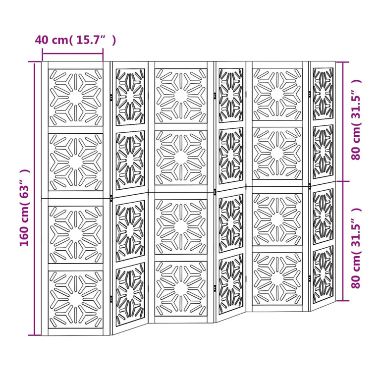 Kamerscherm met 6 panelen massief paulowniahout bruin en zwart