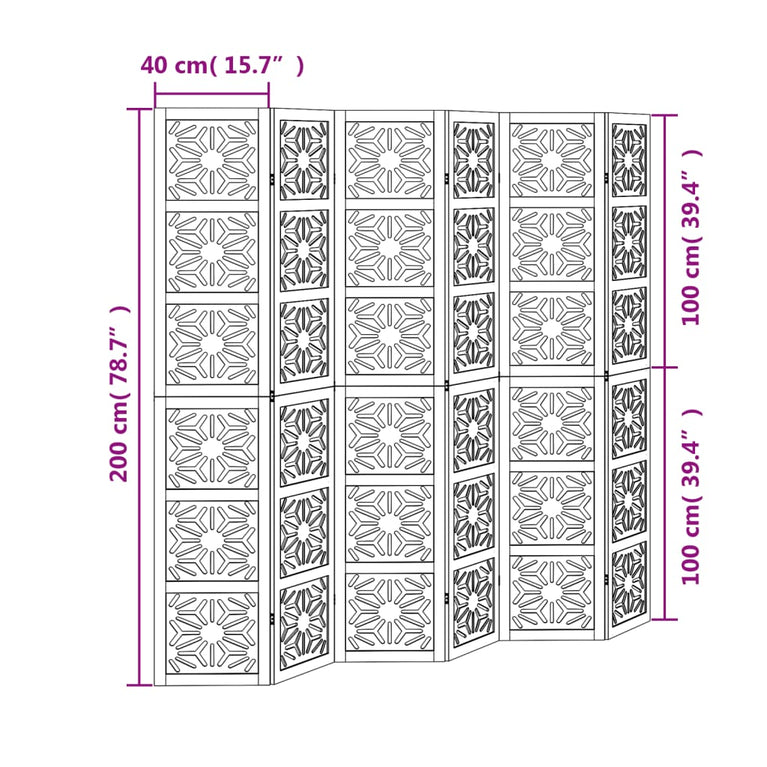 Kamerscherm met 6 panelen massief paulowniahout bruin en zwart