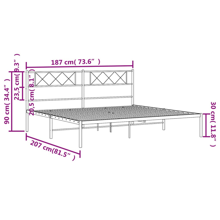 Bedframe met hoofdbord metaal zwart 180x200 cm