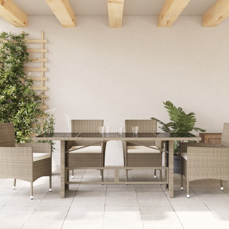 Tuintafel met glazen blad 190x80x74 cm poly rattan lichtgrijs