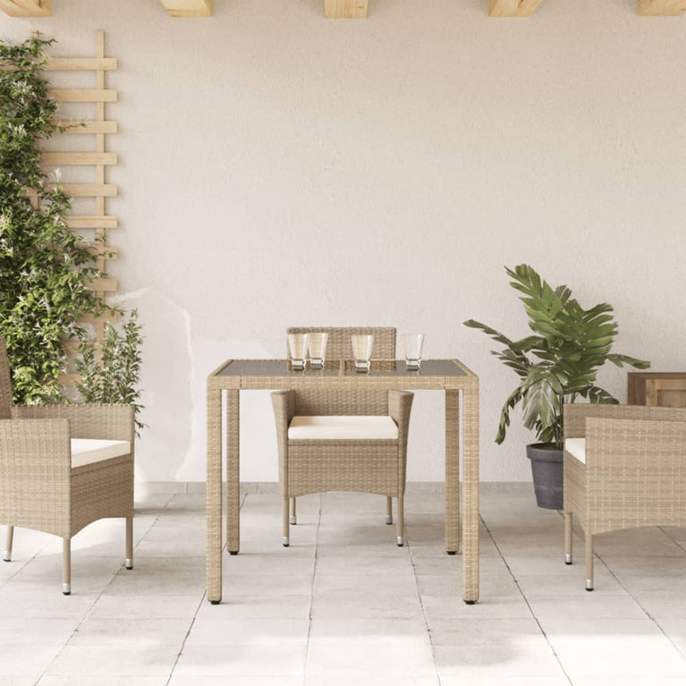 Tuintafel met glazen blad 90x90x75 cm poly rattan beige