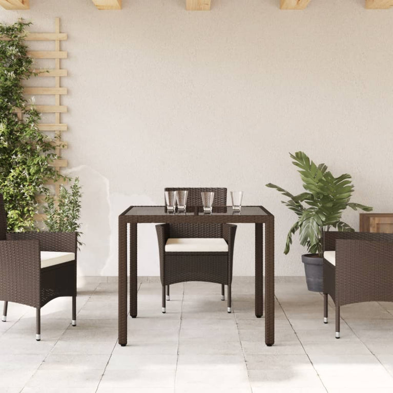 Tuintafel met glazen blad 90x90x75 cm poly rattan bruin