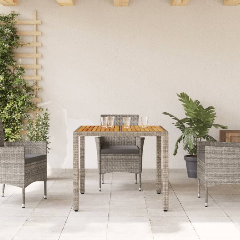 Tuintafel met acaciahouten blad 90x90x75 cm poly rattan grijs
