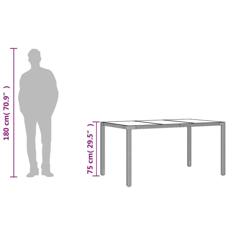 Tuintafel met glazen blad 150x90x75 cm poly rattan grijs