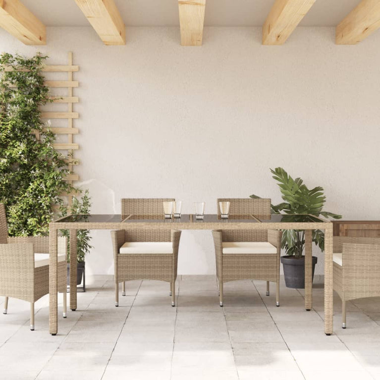 Tuintafel met glazen blad 190x90x75 cm poly rattan beige