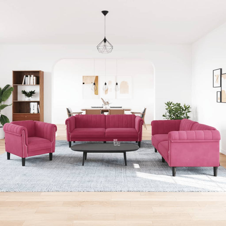 3-delige Loungeset fluweel wijnrood