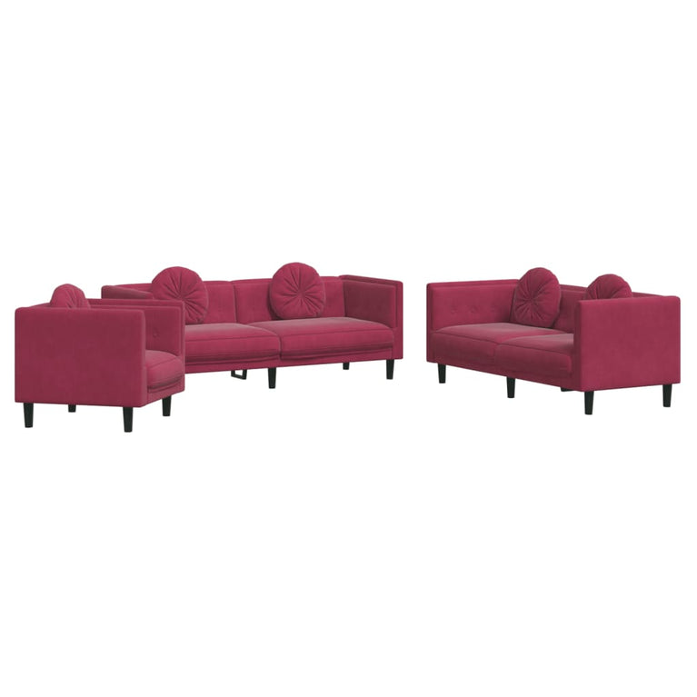 3-delige Loungeset met kussens fluweel wijnrood