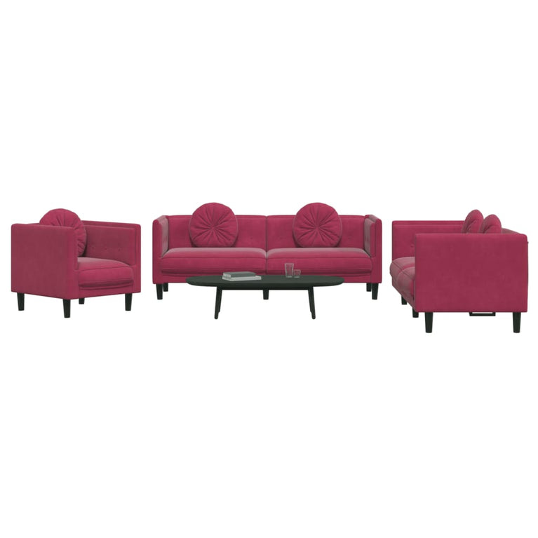 3-delige Loungeset met kussens fluweel wijnrood