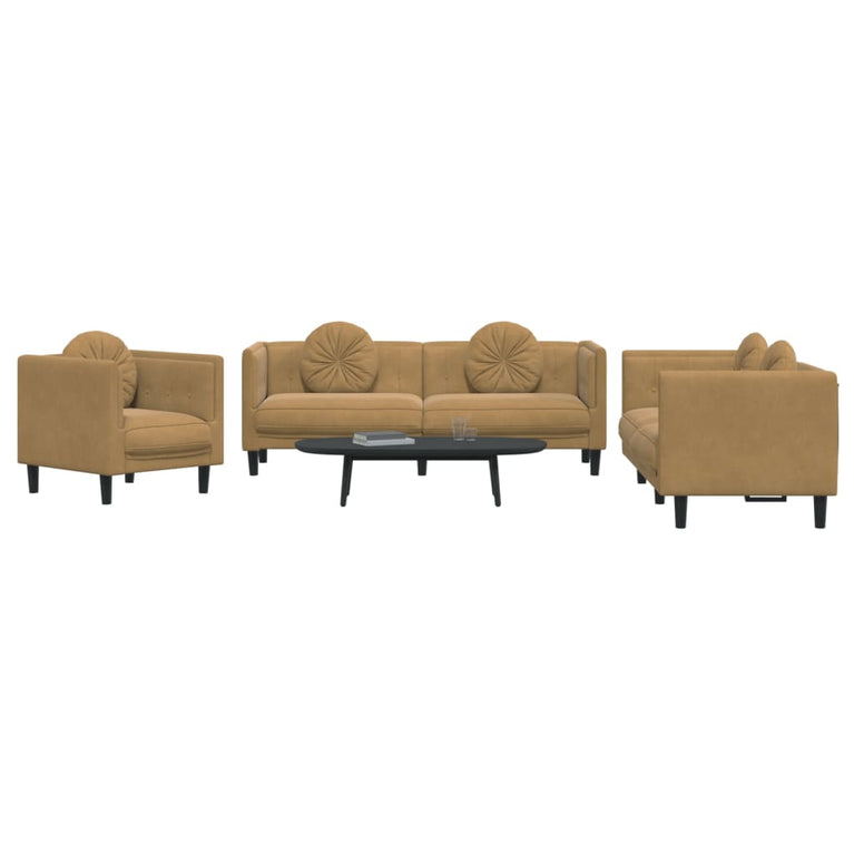 3-delige Loungeset met kussens fluweel bruin