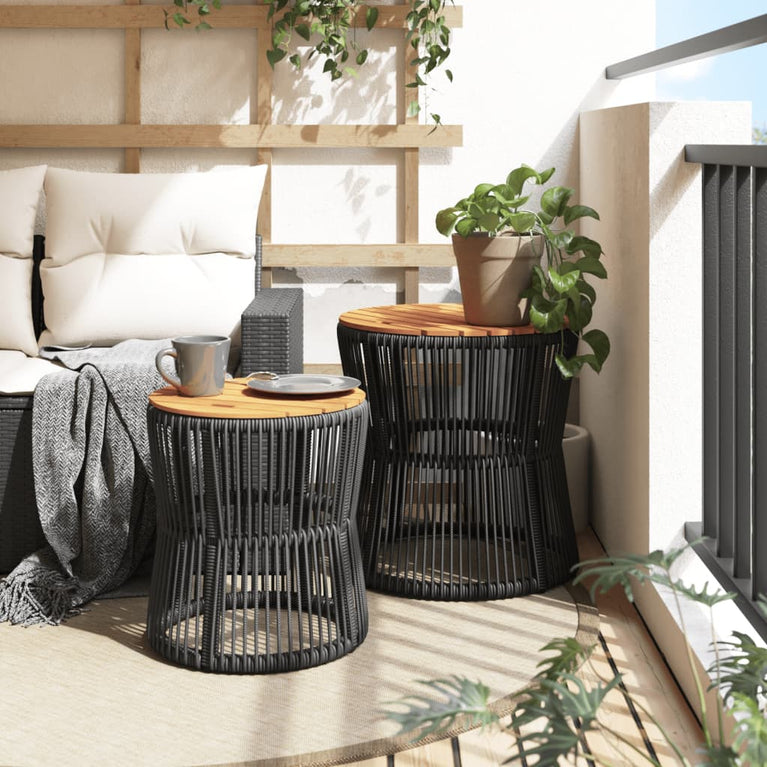 Tuinbijzettafels 2 st met houten blad poly rattan zwart