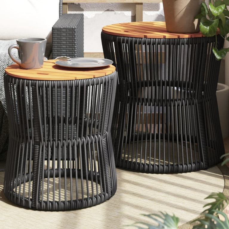 Tuinbijzettafels 2 st met houten blad poly rattan zwart