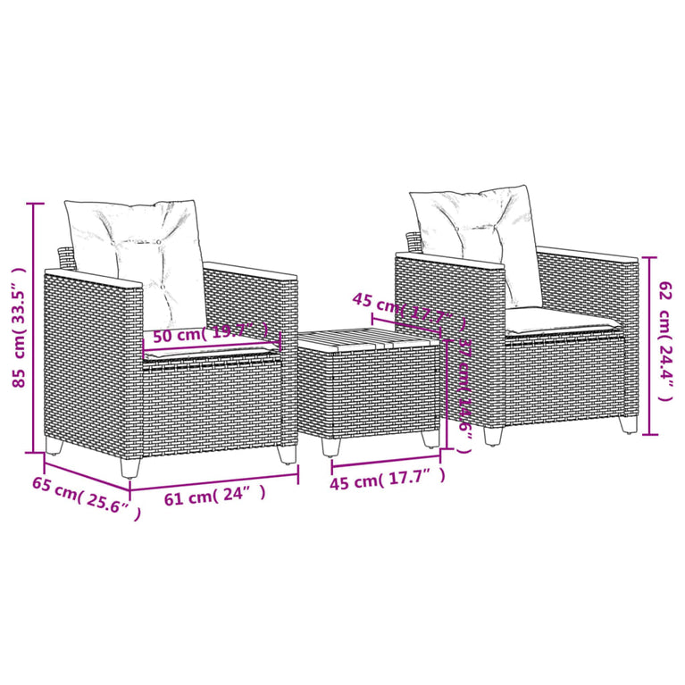 3-delige Bistroset met kussens poly rattan en acaciahout grijs