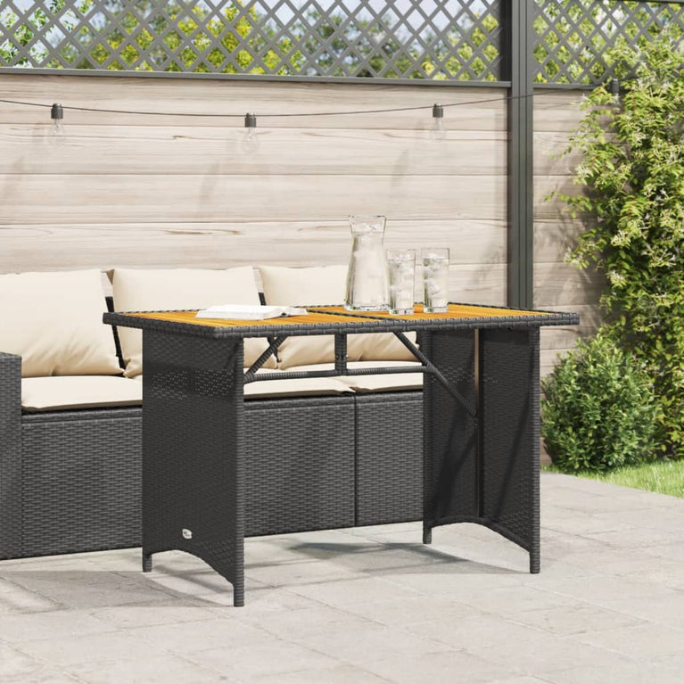 Tuintafel met houten blad 110x68x70 cm poly rattan zwart