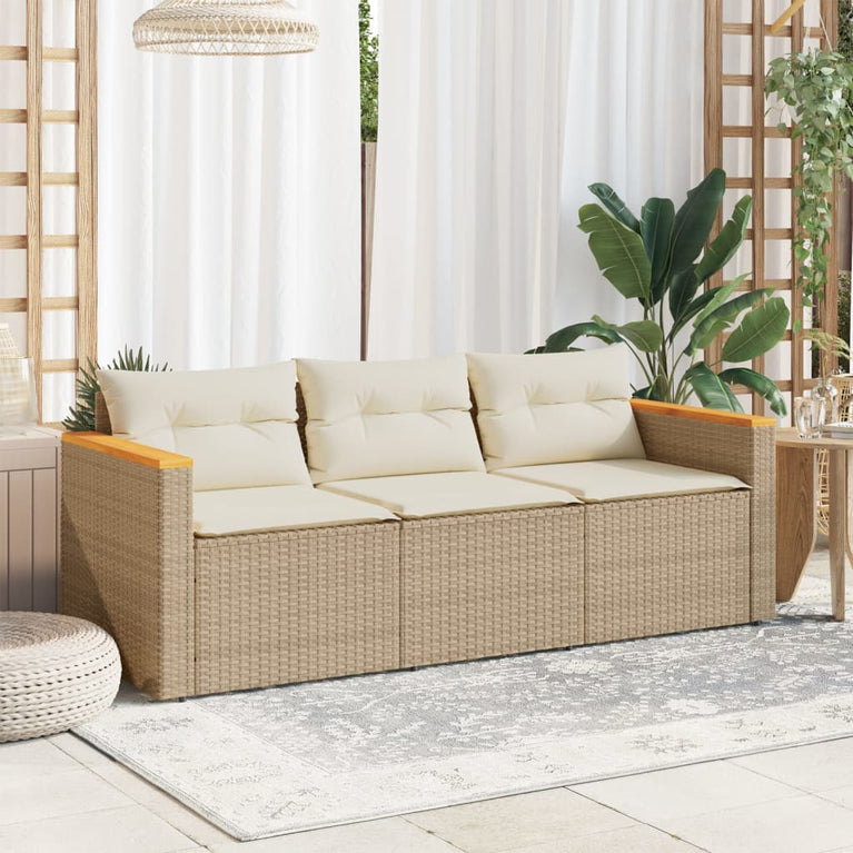 Tuinbank 3-zits met kussens poly rattan beige