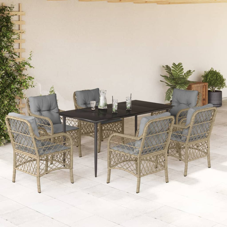 7-delige Tuinset met kussens poly rattan gemengd beige