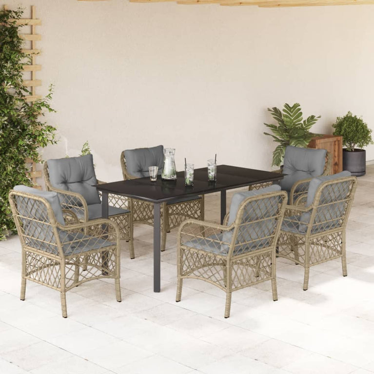 7-delige Tuinset met kussens poly rattan gemengd beige