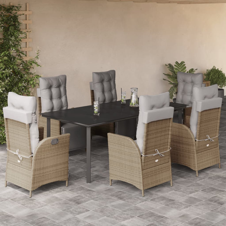 7-delige Tuinset met kussens poly rattan gemengd beige