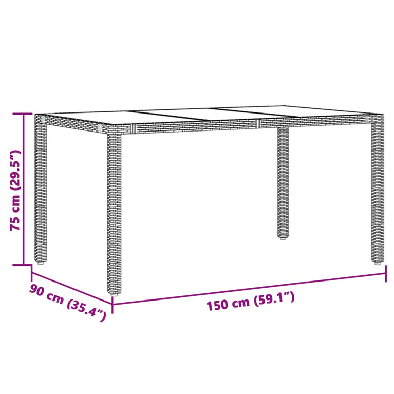 Tuintafel met glazen blad 150x90x75 cm poly rattan bruin