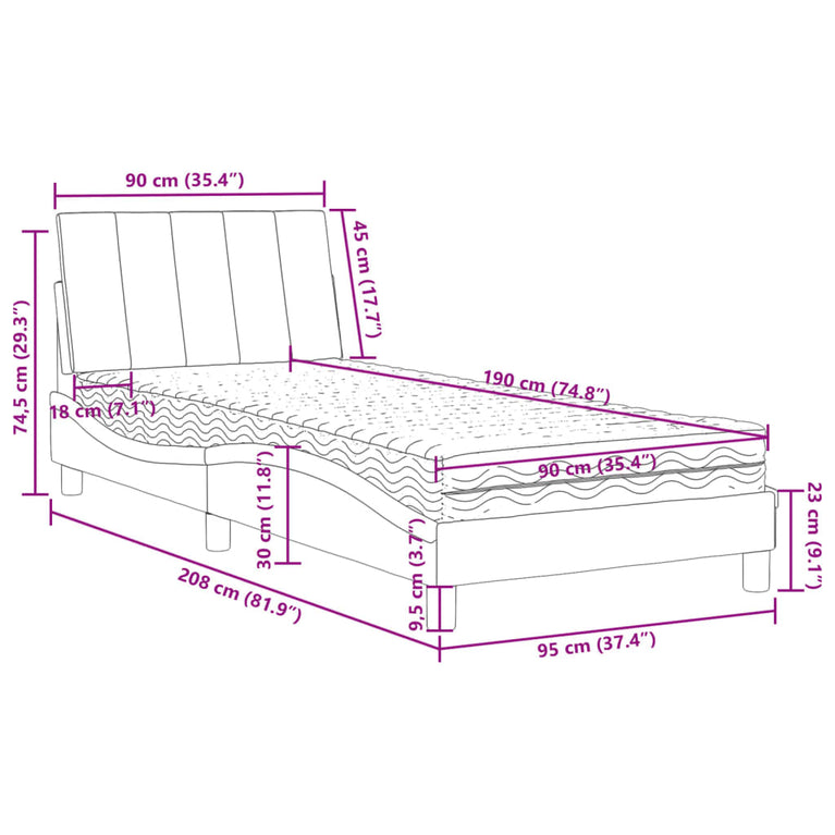 Bed met matras fluweel lichtgrijs 90x190 cm