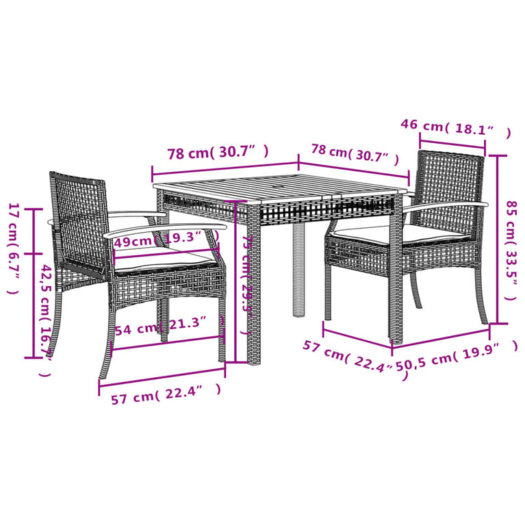 3-delige Tuinset met kussens poly rattan beige