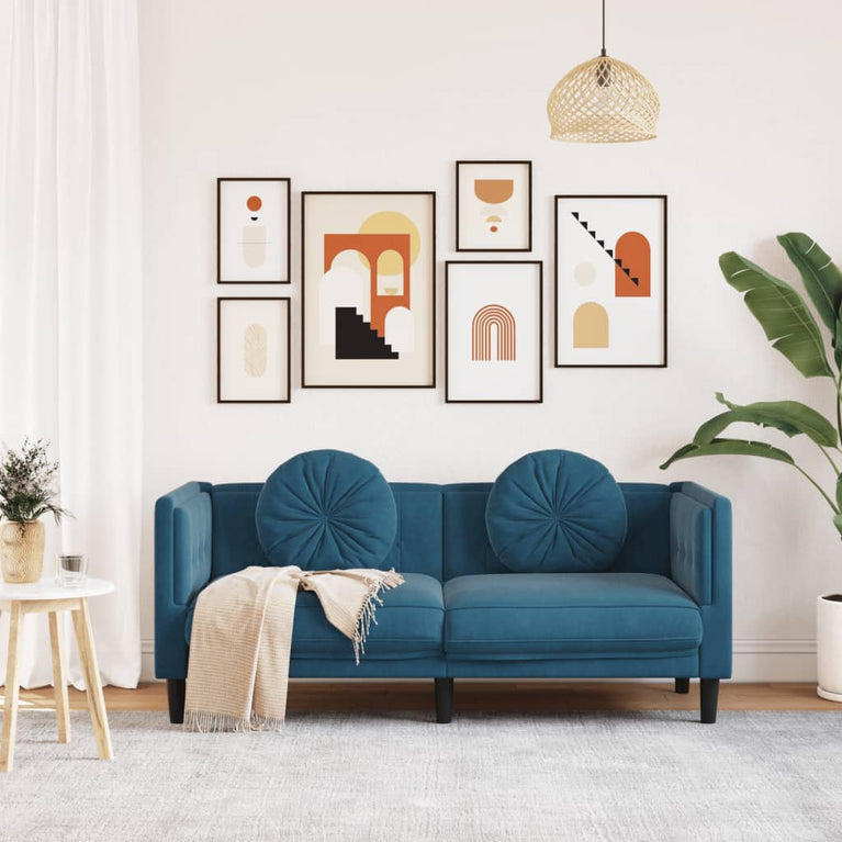Bank met kussens 2-zits fluweel blauw