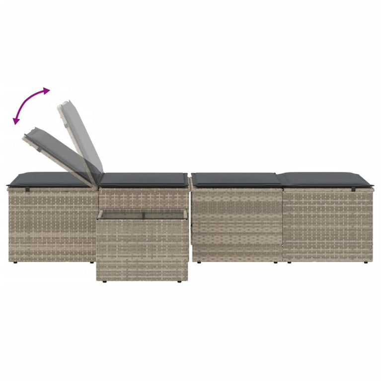 Ligbedden 2 st met tafel poly rattan lichtgrijs