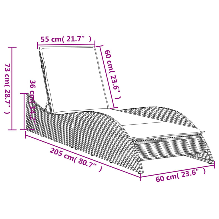 Ligbed met kussen 60x205x73 cm poly rattan bruin
