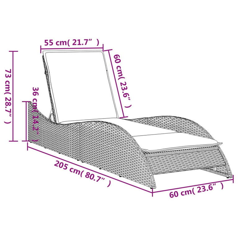 Ligbed met kussen 60x205x73 cm poly rattan lichtgrijs