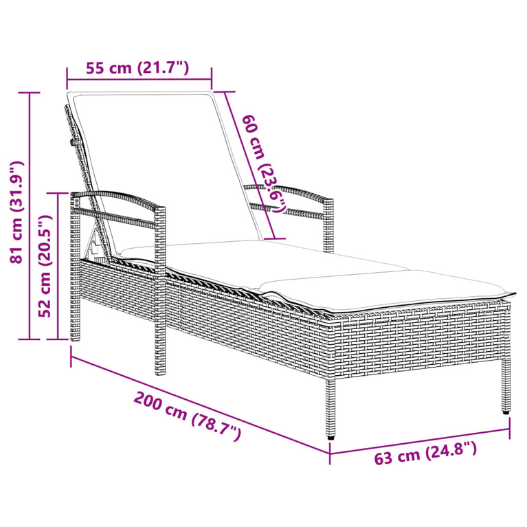 Ligbed met kussen 63x200x81 cm poly rattan bruin