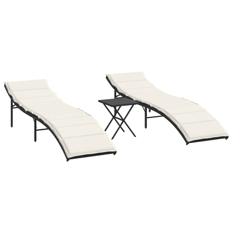 Ligbedden 2 st met tafel poly rattan zwart