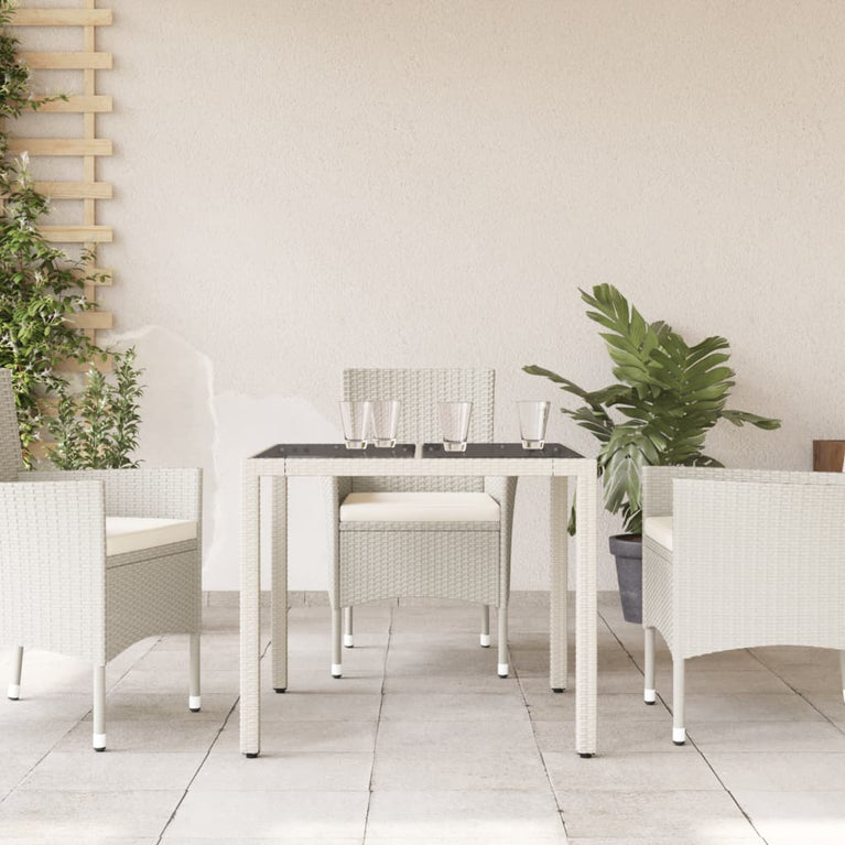 Tuintafel met glazen blad 90x90x75 cm poly rattan wit
