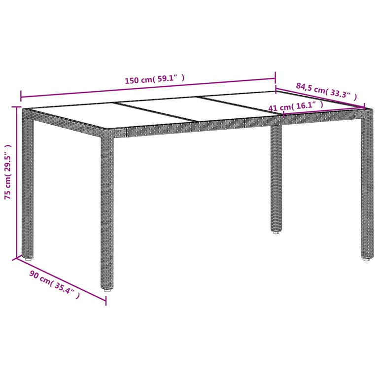 Tuintafel met glazen blad 150x90x75 cm poly rattan lichtgrijs
