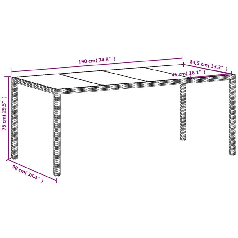 Tuintafel met glazen blad 190x90x75 cm poly rattan wit